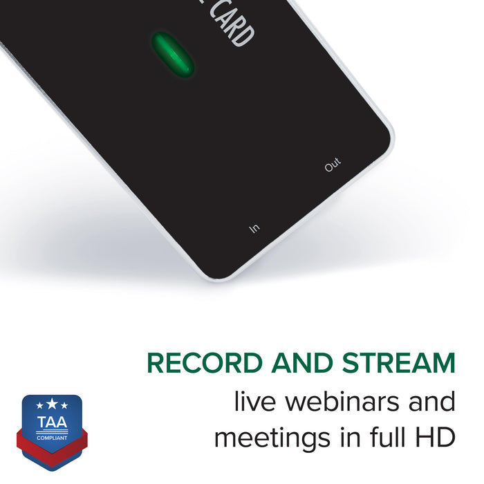 Plugable USBC-CAP60 capture card with In and Out ports and TAA compliant certification for full HD streaming.