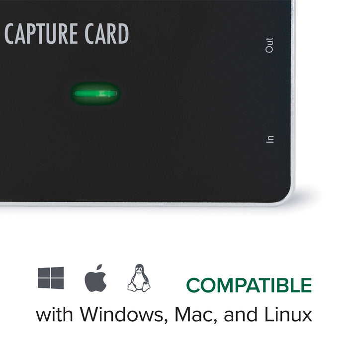 Plugable USBC-CAP60 Capture Card with In and Out ports, status LED, and compatibility icons for Windows, Mac, and Linux.