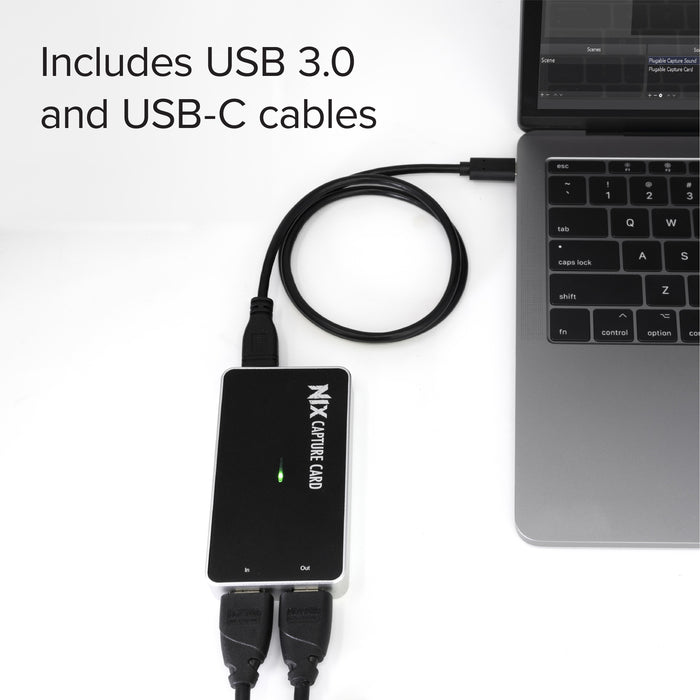 Plugable USBC-CAP60 capture card connected to a laptop, includes USB 3.0 and USB-C cables.