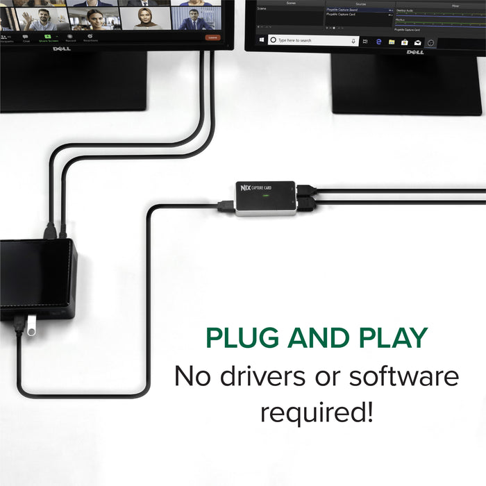 USBC-CAP60 capture card connected to a computer and monitor, demonstrating plug-and-play functionality.
