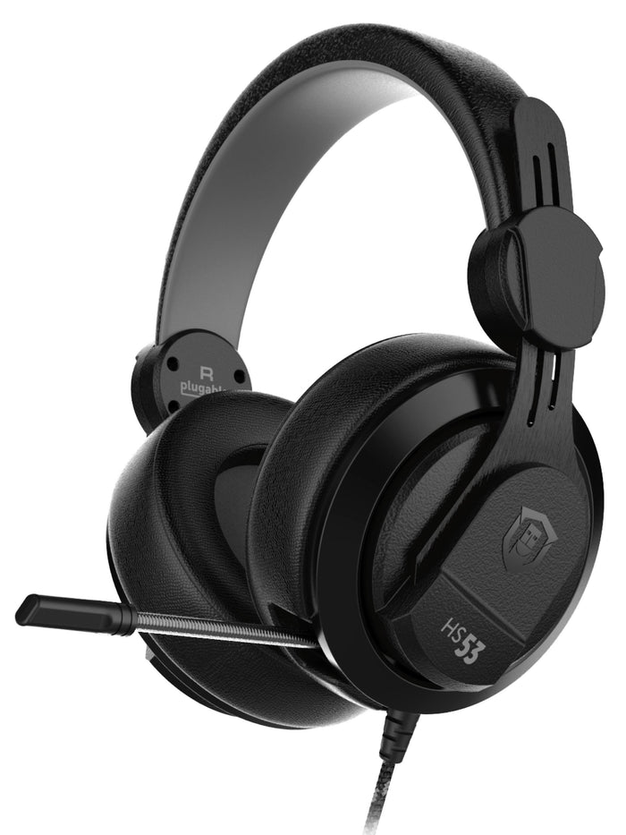 Plugable Performance Onyx Gaming Headset HS53 with retractable microphone and right-side ear cup branding.