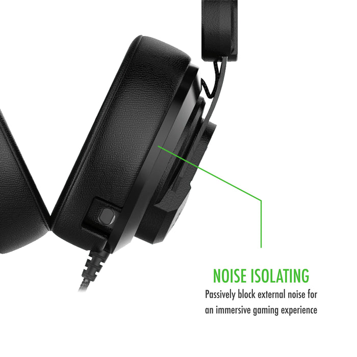 Plugable Performance Onyx Gaming Headset ear cup detail: noise isolating design to passively block external noise.