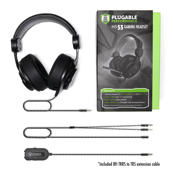 Plugable HS53 gaming headset with 3.5mm TRRS/TRS connectivity, inline controls, and 8ft TRRS to TRS extension cable.