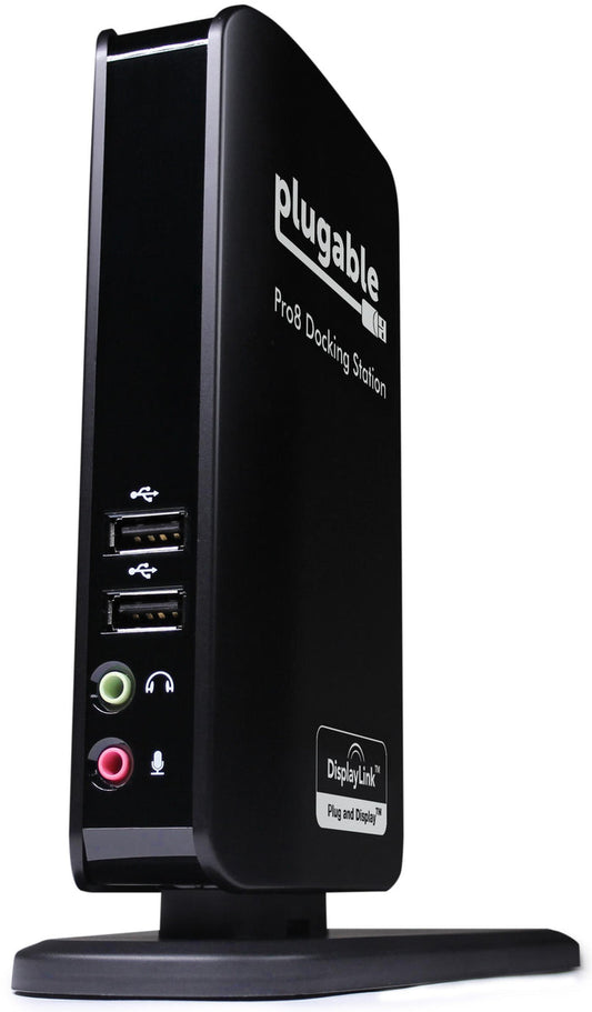 Plugable Pro8 Docking Station with two USB ports, headphone jack, microphone jack, and DisplayLink certification.