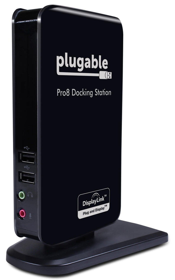 Plugable Pro8 Docking Station with two USB ports, 3.5mm headphone jack, 3.5mm microphone jack, and DisplayLink branding.