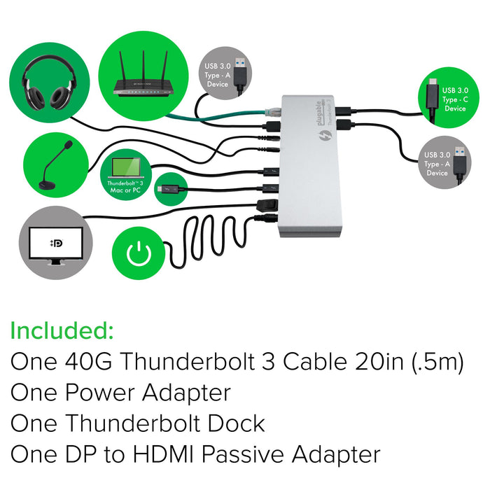 Plugable TBT3-UD1-83 connectivity diagram showing ports for USB 3.0, Thunderbolt 3, and DP, plus included accessories.