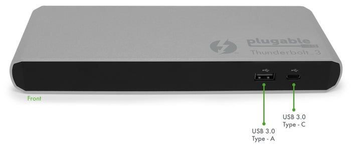 Plugable TBT3-UD1-83 front panel with USB 3.0 Type-A and USB 3.0 Type-C ports.