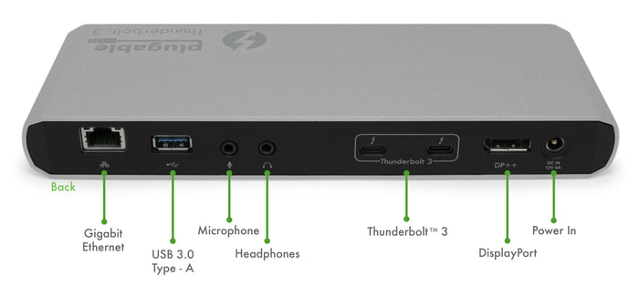 TBT3-UD1-83 rear ports: Gigabit Ethernet, USB 3.0 Type-A, mic, headphones, two Thunderbolt 3, DisplayPort, 12V 6A DC IN.