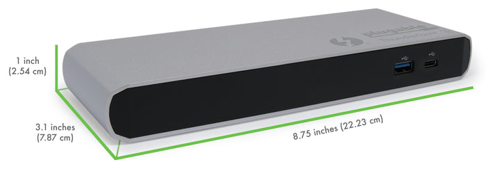 Plugable Thunderbolt 3 dock dimensions: 8.75 inches long, 3.1 inches wide, 1 inch high. Front panel has USB ports.