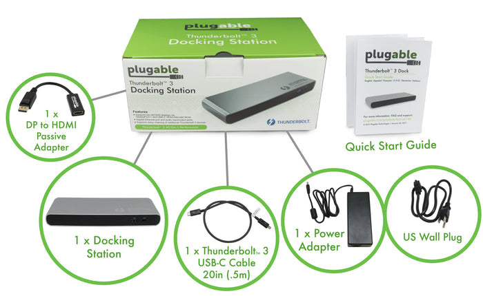 TBT3-UD1-83 contents: docking station, 20in Thunderbolt 3 cable, DP to HDMI passive adapter, power adapter, US wall plug.
