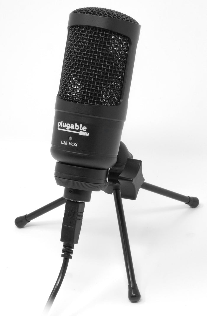 Plugable USB-VOX studio microphone on a tripod stand with a connected USB cable.