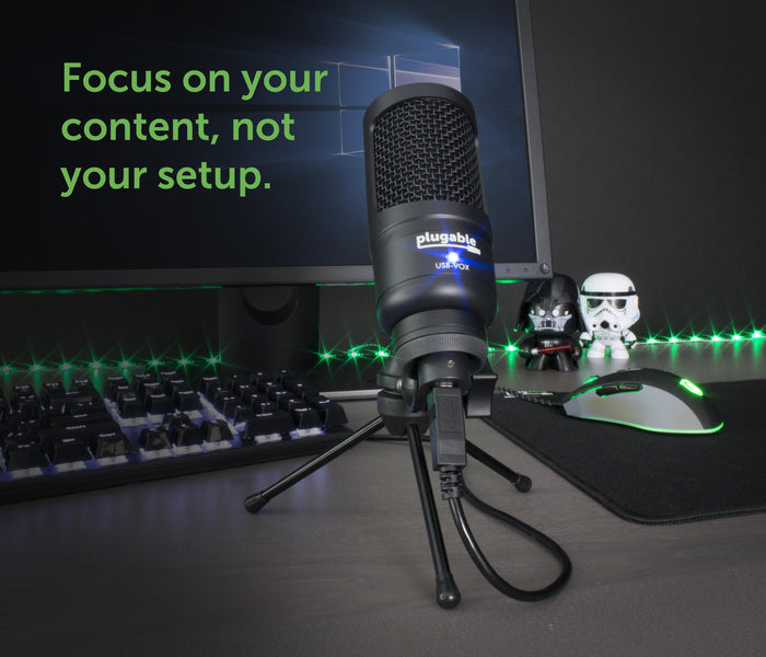 Plugable USB-VOX studio microphone on a tripod stand with a USB cable connection.