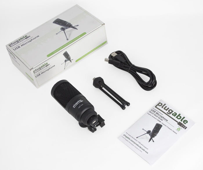 Plugable USB-VOX studio microphone kit including box, tripod stand, USB cable, and quick start guide.