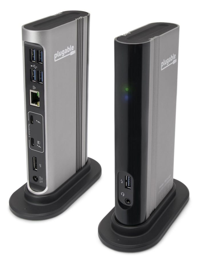 Plugable TBT3-UDV dock with USB, Ethernet, Thunderbolt 3, DisplayPort, 20V 6.75A DC input, and front audio port.