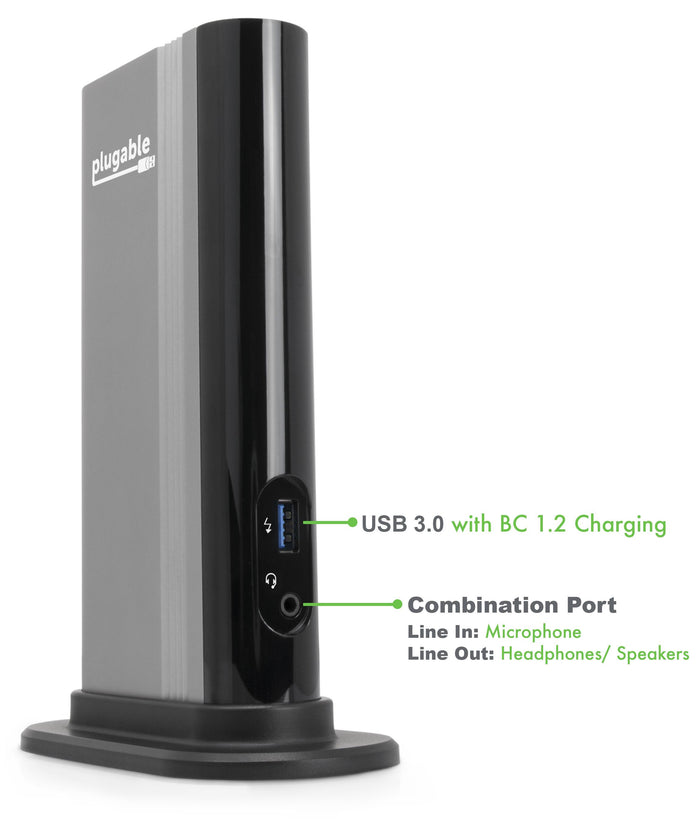 TBT3-UDV front panel: USB 3.0 with BC 1.2 charging port and combination port for microphone and headphones/speakers.