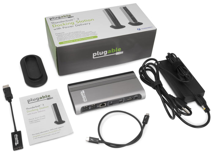 Plugable TBT3-UDV dock with 60W charging, dual 4K display support, Gigabit Ethernet, and Thunderbolt 3 40Gb/s cable.