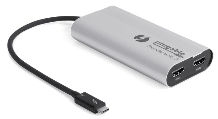 Plugable Thunderbolt 3 to dual HDMI adapter with integrated Thunderbolt 3 cable.
