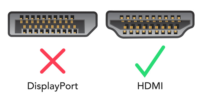 Comparison showing DisplayPort with a red X and HDMI with a green checkmark.