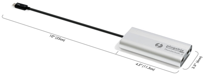 Plugable TBT3-HDMI2X-83 dimensions: 10 inch cable, 4.5 inch length, 2.5 inch width.