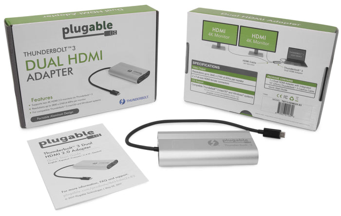 TBT3-HDMI2X-83 specs: 2x 4K 60Hz HDMI output, Thunderbolt 3 host, compatible with macOS and Windows, 10-inch cable.