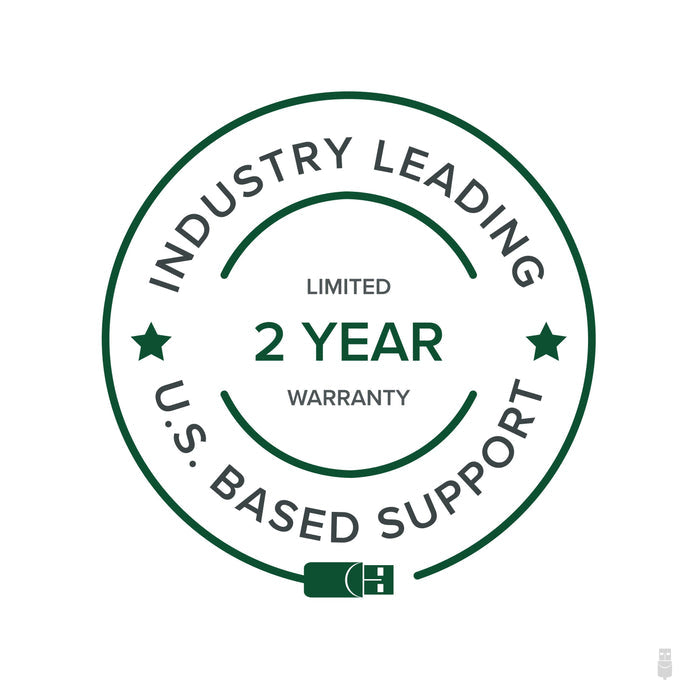 Badge stating Industry Leading, Limited 2 Year Warranty, and U.S. Based Support.