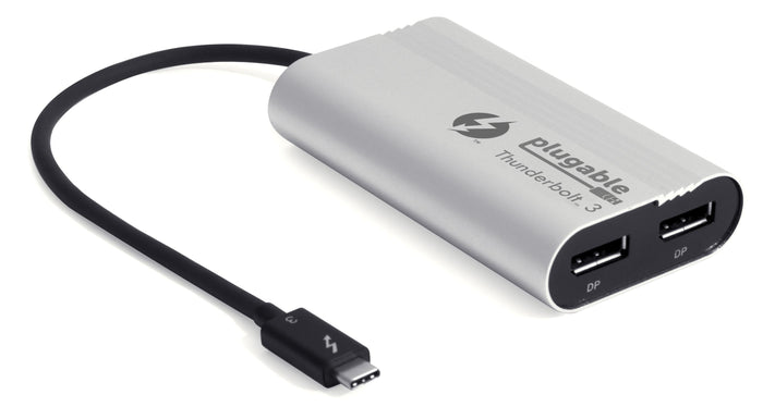 Plugable Thunderbolt 3 to dual DisplayPort adapter with integrated USB-C cable and two DP output ports.