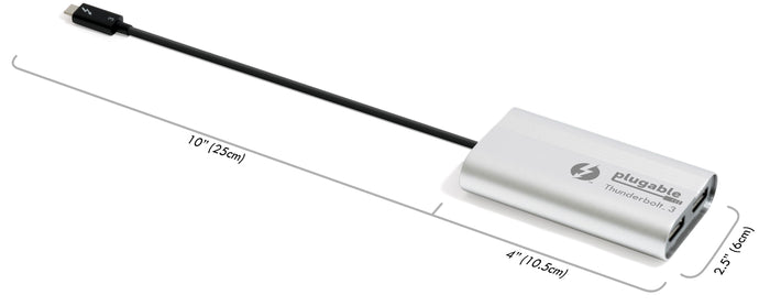 Plugable Thunderbolt 3 adapter dimensions: 10" (25cm) cable length, 4" (10.5cm) length, and 2.5" (6cm) width.