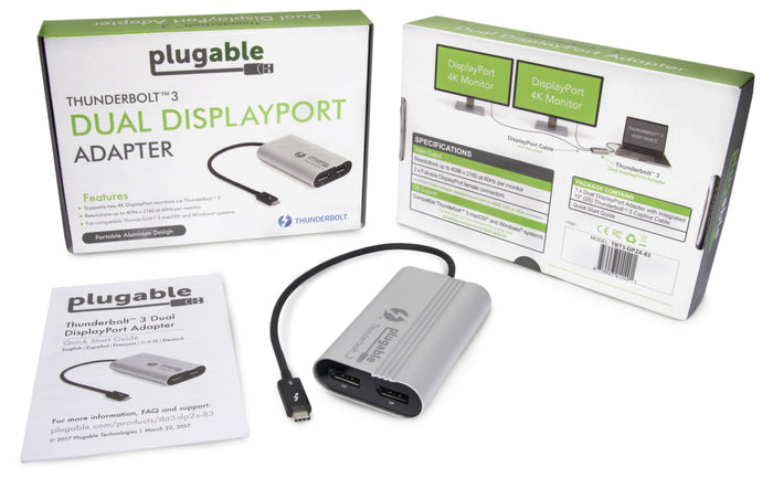 TBT3-DP2X-83 adapter supports two 4K 60Hz DisplayPort monitors on Thunderbolt 3 macOS and Windows systems.