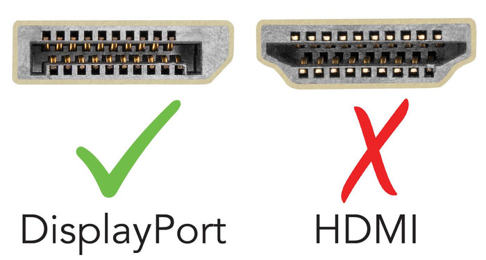 Comparison showing DisplayPort with a green checkmark and HDMI with a red X.