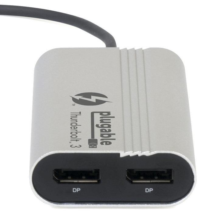 Plugable TBT3-DP2X Thunderbolt 3 adapter with two DisplayPort (DP) output ports.