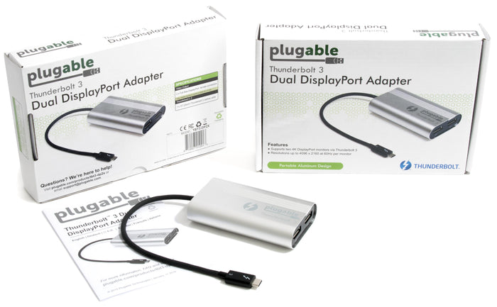 TBT3-DP2X specs: 2 full-size DisplayPort outputs, 10-inch captive Thunderbolt 3 cable, supports two 4K 60Hz monitors.
