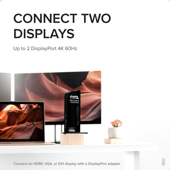 Plugable UD-6950 supports two 4K 60Hz DisplayPort displays; compatible with HDMI, VGA, or DVI via DisplayPort adapters.