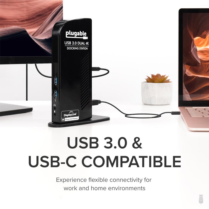Plugable UD-6950 USB 3.0 Dual 4K Docking Station with DisplayLink technology, featuring USB 3.0 and USB-C compatibility.