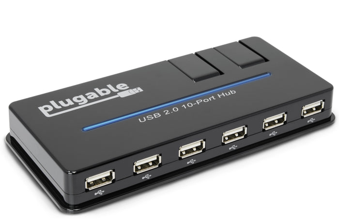 Plugable USB 2.0 10-Port Hub with five front-facing USB-A ports and two top-mounted flip-up ports.