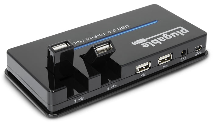 Plugable USB 2.0 10-Port Hub with two flip-up USB ports, DC 5V power input, and USB host port.