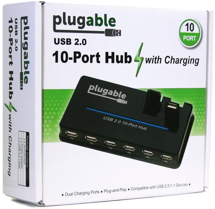 Plugable USB 2.0 10-Port Hub with charging, dual charging ports, plug-and-play, compatible with USB 2.0/1.1 devices.