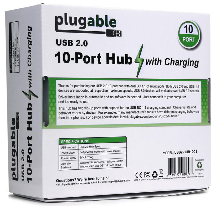 Plugable USB2-HUB10C2 10-port USB 2.0 hub with two BC 1.1 charging ports, 5V 4A 20W power supply, and driverless setup.