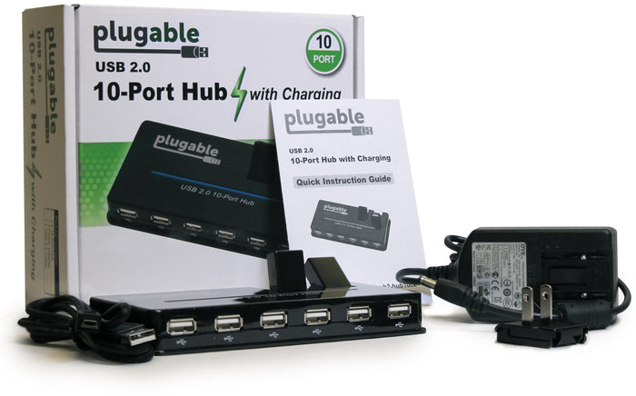 Plugable USB 2.0 10-Port Hub with charging, including power adapter, USB cable, and quick instruction guide.