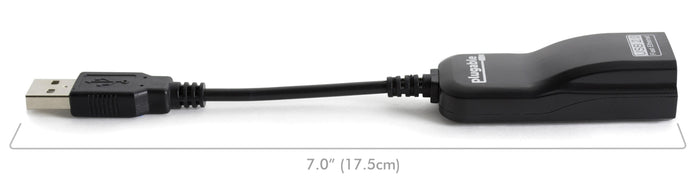 Plugable USB 2.0 Fast Ethernet adapter with a total length of 7.0 inches (17.5 cm).