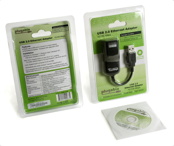 Plugable USB 2.0 to 10/100 Mbps Ethernet adapter packaging showing specifications, OS compatibility, and driver CD.
