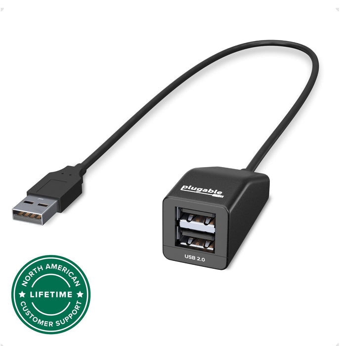 Plugable USB 2.0 splitter with two USB-A ports and integrated cable, featuring North American lifetime support.