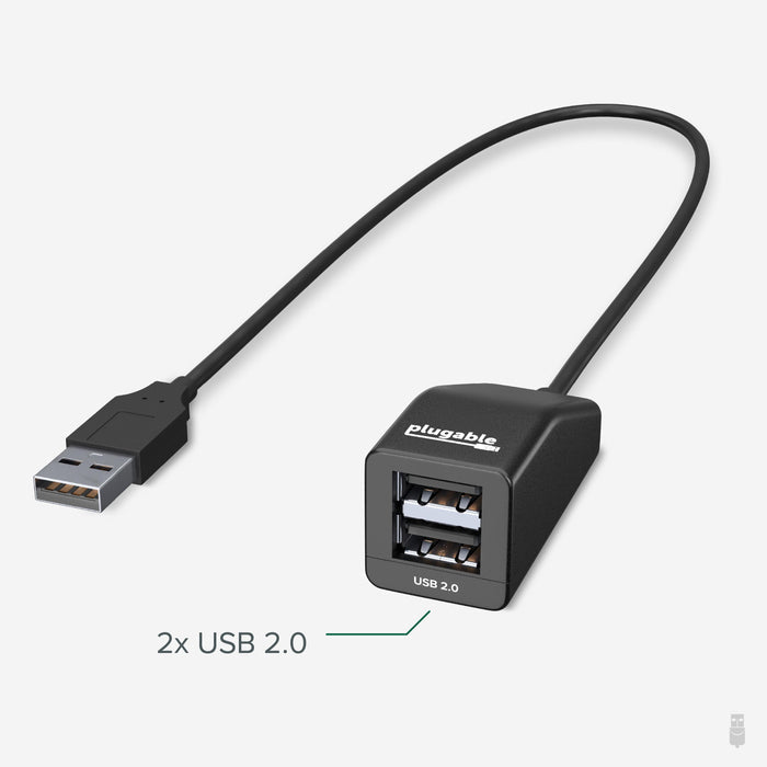 Plugable USB2-2PORT splitter featuring two USB 2.0 ports.