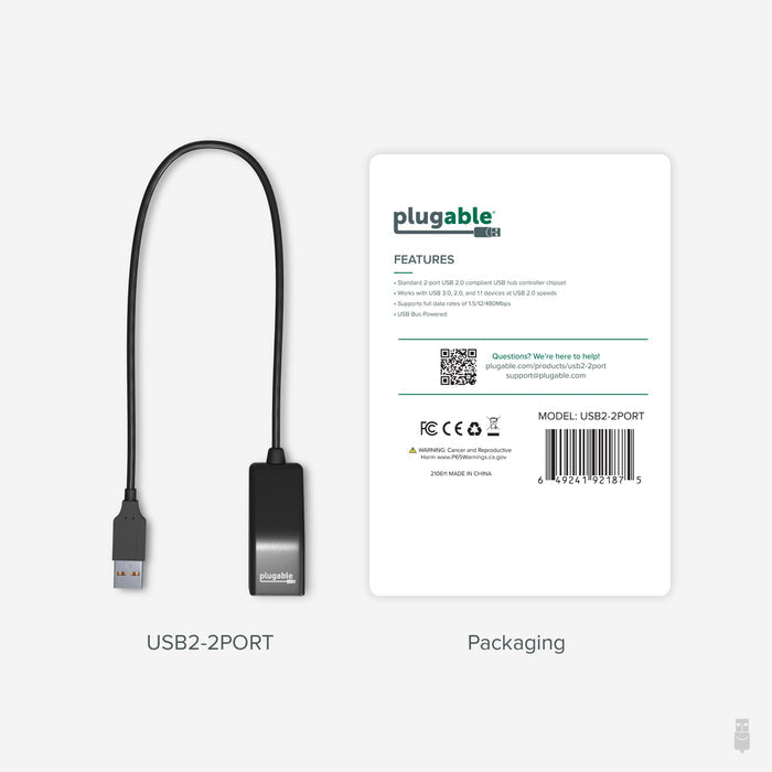 USB2-2PORT features: 2-port USB 2.0 hub, 1.5/12/480Mbps data rates, USB bus powered, compatible with USB 3.0/2.0/1.1.