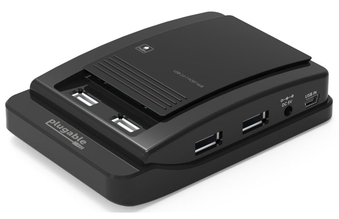 Plugable USB 2.0 7-Port Hub with DC 5V power input and USB IN port.
