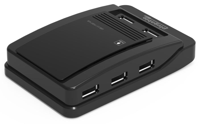 Plugable USB 2.0 7-Port Hub featuring a push-to-open top panel and multiple accessible USB-A ports.