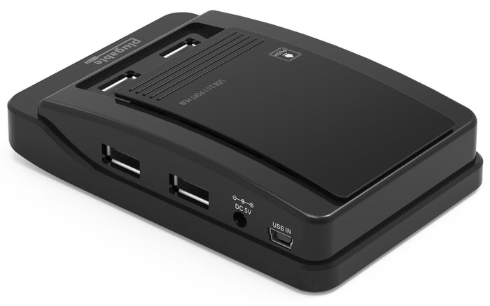 Plugable USB 2.0 7-Port Hub with DC 5V power input and USB IN port, featuring a push-to-open top cover.