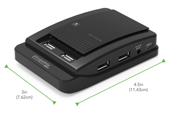 Plugable USB 2.0 7-Port Hub dimensions: 3in (7.62cm) by 4.5in (11.43cm). Features DC 5V and USB IN ports.