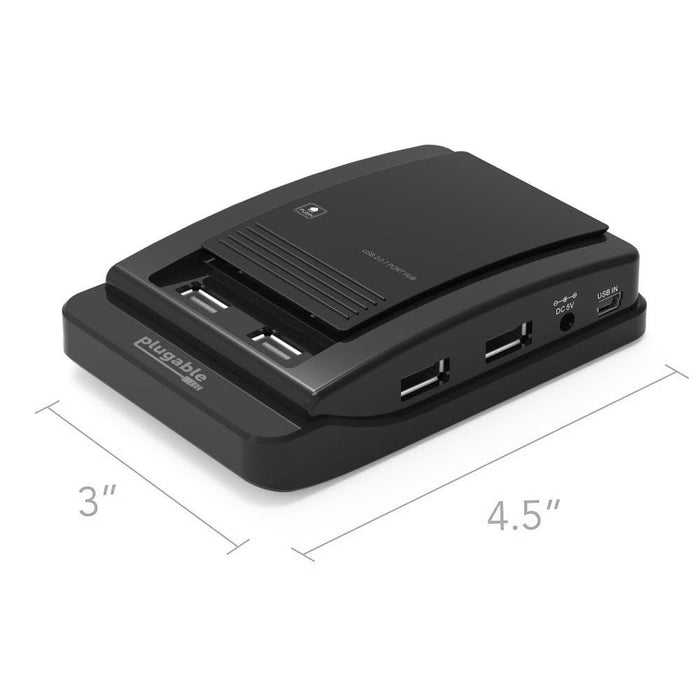 Plugable USB 2.0 7-Port Hub with DC 5V and USB IN ports, measuring 3 inches by 4.5 inches.
