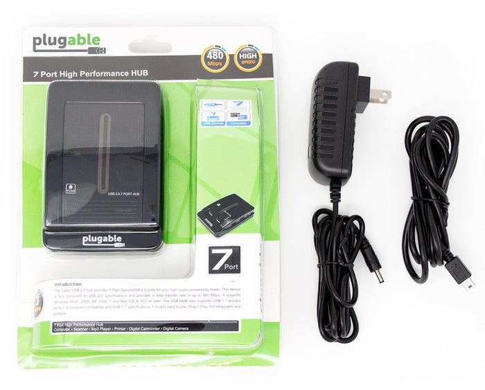 Plugable 7-port USB 2.0 hub, 480 Mbps, includes power adapter and cable. Compatible with Windows and Mac OS X.