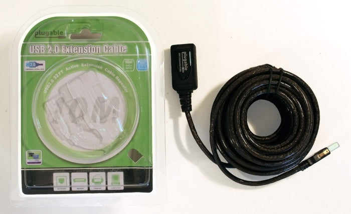 Plugable USB 2.0 32ft active extension cable with USB-A male to female connectors, Mac and Windows compatible.